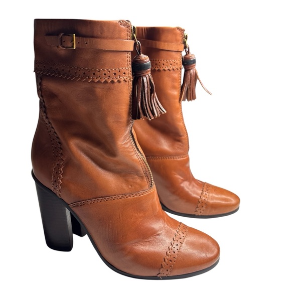 TORY BURCH | Brown Leather Tassel Ankle Boots | Size 8M - Picture 1 of 13